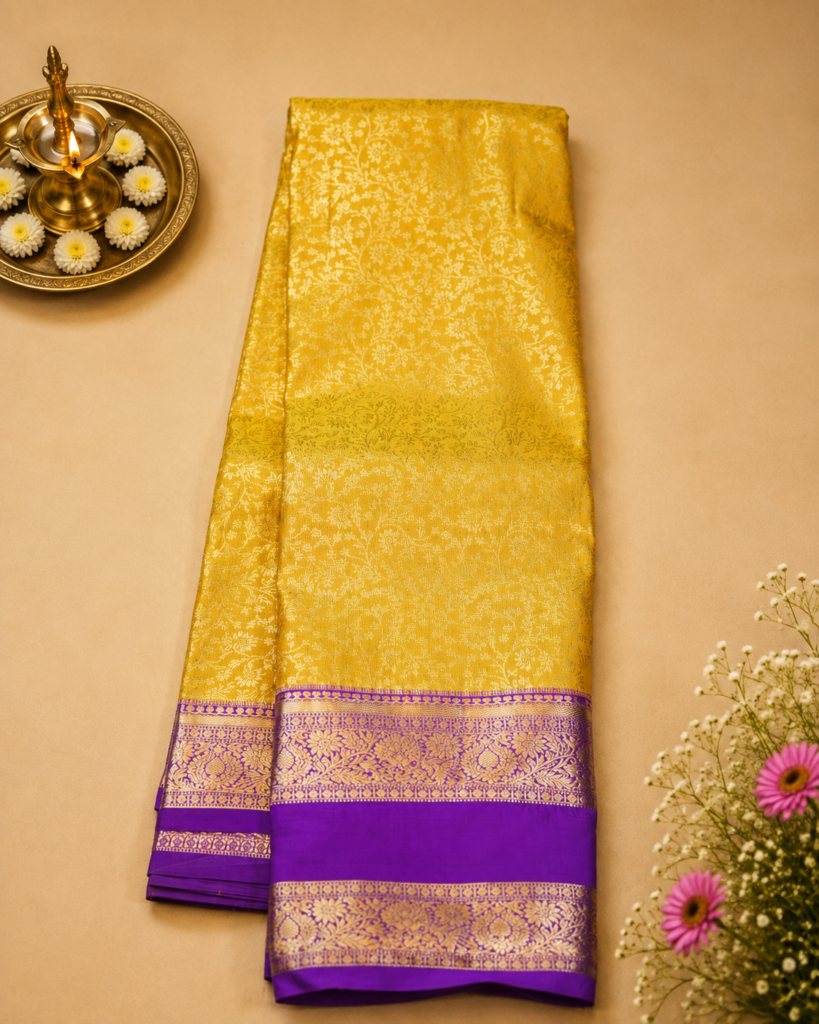 SEMI KANCHIPURAM SILK - Mustard Yellow