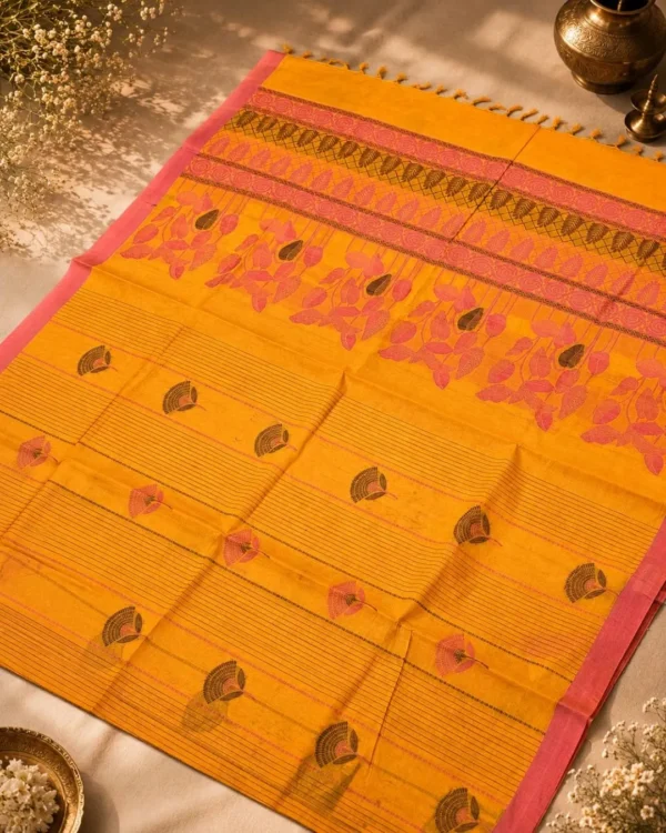 Cotton And Silk Cotton - Mustard Orange With Rani Pink