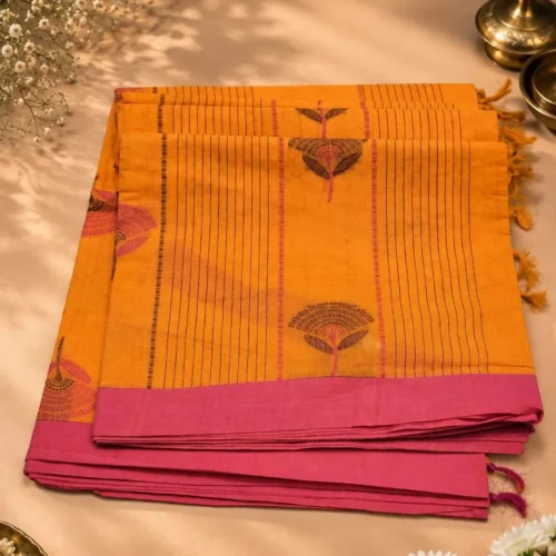 Cotton And Silk Cotton - Mustard Orange With Rani Pink