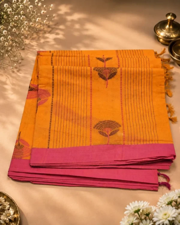 Cotton And Silk Cotton - Mustard Orange With Rani Pink