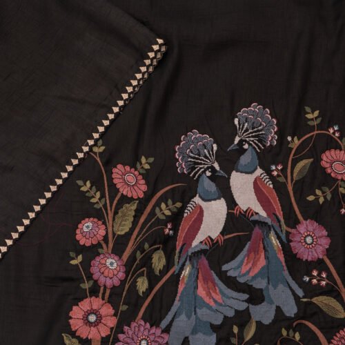 _DSC5880 Black Tussar Silk Saree with Multicolour Peacock & Floral Embroidery