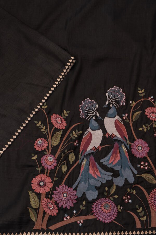 Black Tussar Silk Saree with Multicolour Peacock & Floral Embroidery