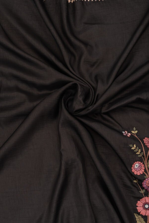Black Tussar Silk Saree with Multicolour Peacock & Floral Embroidery