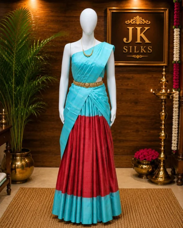 Half Sarees - Aqua Blue And Ruby Red (2) Half Sarees - Aqua Blue And Ruby Red