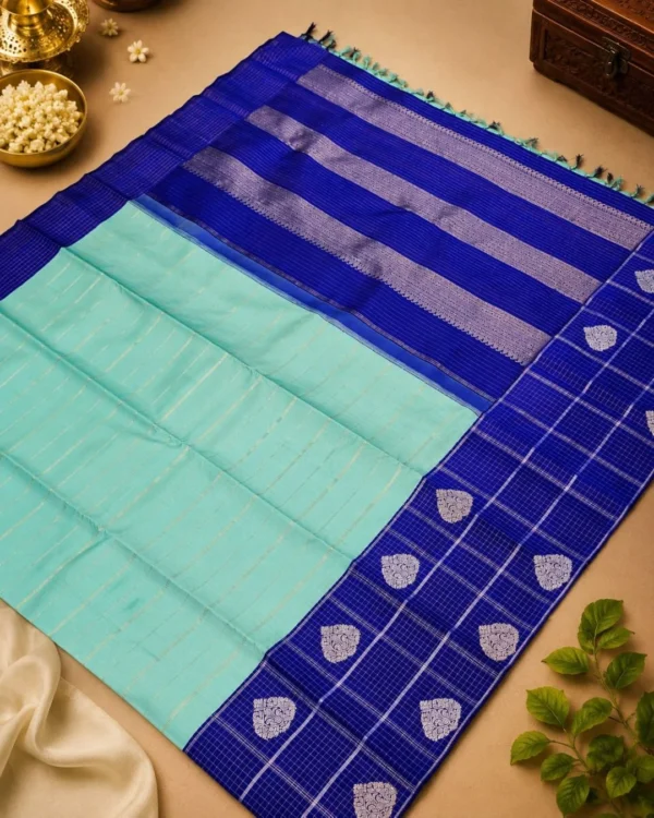 Kancheepuram Silks Sarees - Aqua Green With Royal Blue