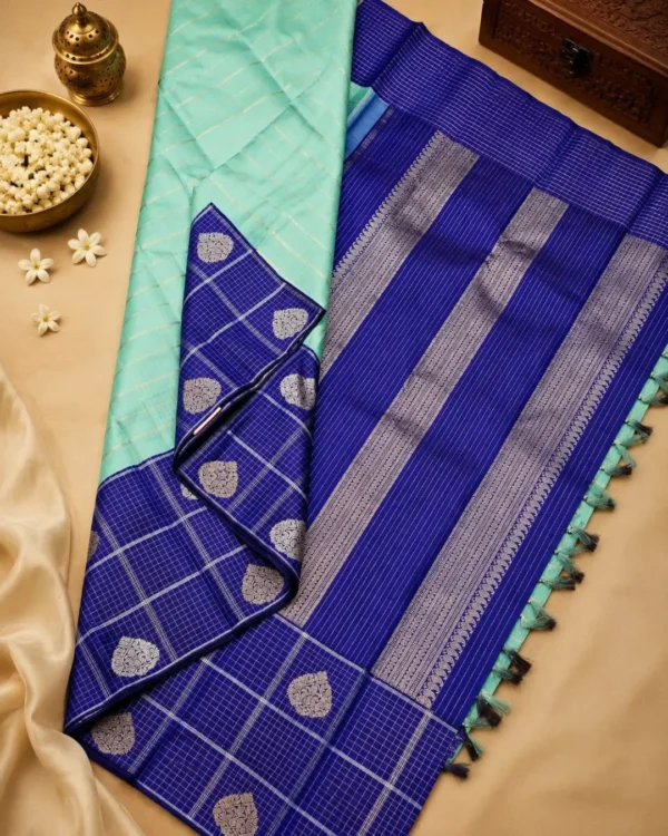 Kancheepuram Silks Sarees - Aqua Green With Royal Blue