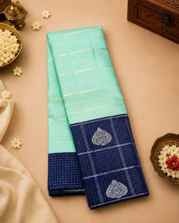 Kancheepuram Silks Sarees - Aqua Green With Royal Blue