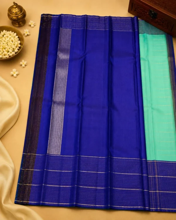 Kancheepuram Silks Sarees - Aqua Green With Royal Blue