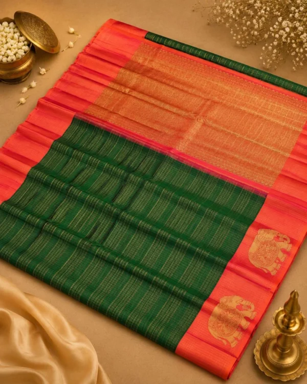 Kancheepuram Silks Sarees - Bottle Green With Peach