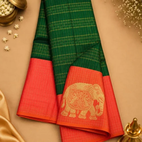 Kancheepuram Silks Sarees - Bottle Green With Peach