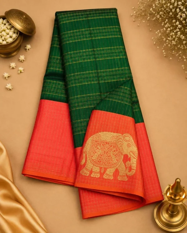 Kancheepuram Silks Sarees - Bottle Green With Peach