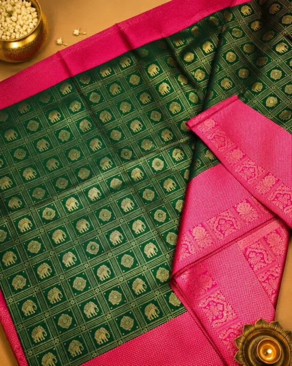 Kancheepuram Silks Sarees - Bottle Green With Rani Pink