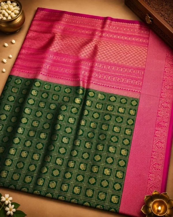 Kancheepuram Silks Sarees - Bottle Green With Rani Pink