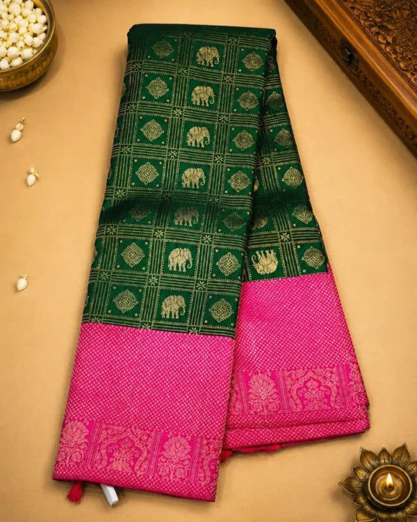 Kancheepuram Silks Sarees - Bottle Green With Rani Pink