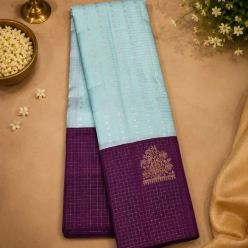Kancheepuram Silks Sarees - Mint Blue With Dark Purple