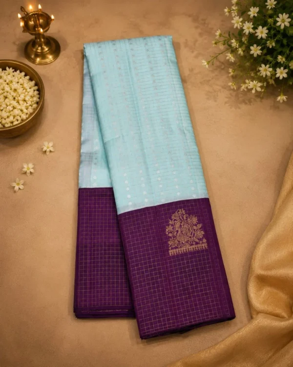 Kancheepuram Silks Sarees - Mint Blue With Dark Purple