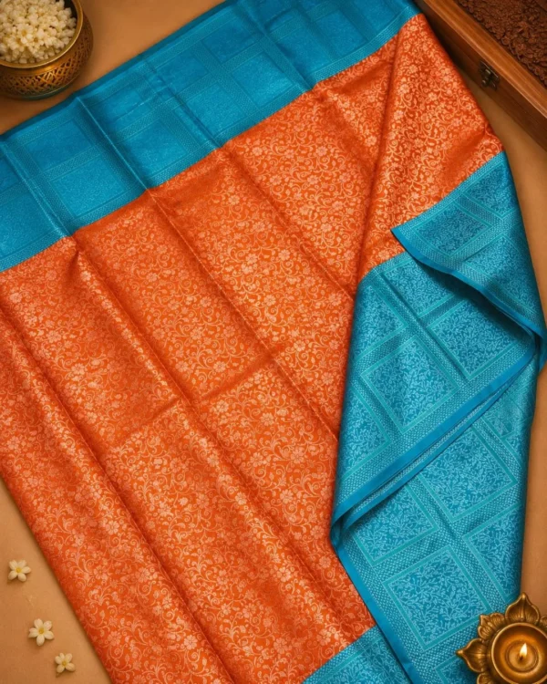 Kancheepuram Silks Sarees - Orange With Rama Blue