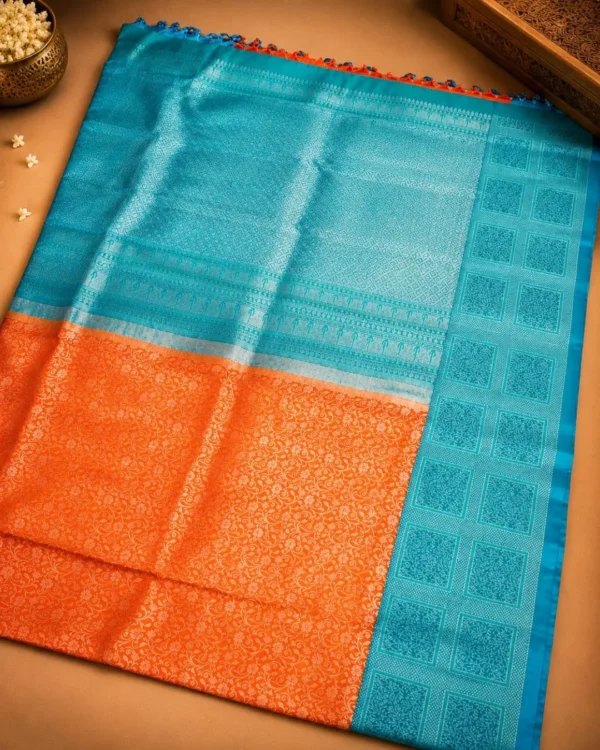 Kancheepuram Silks Sarees - Orange With Rama Blue