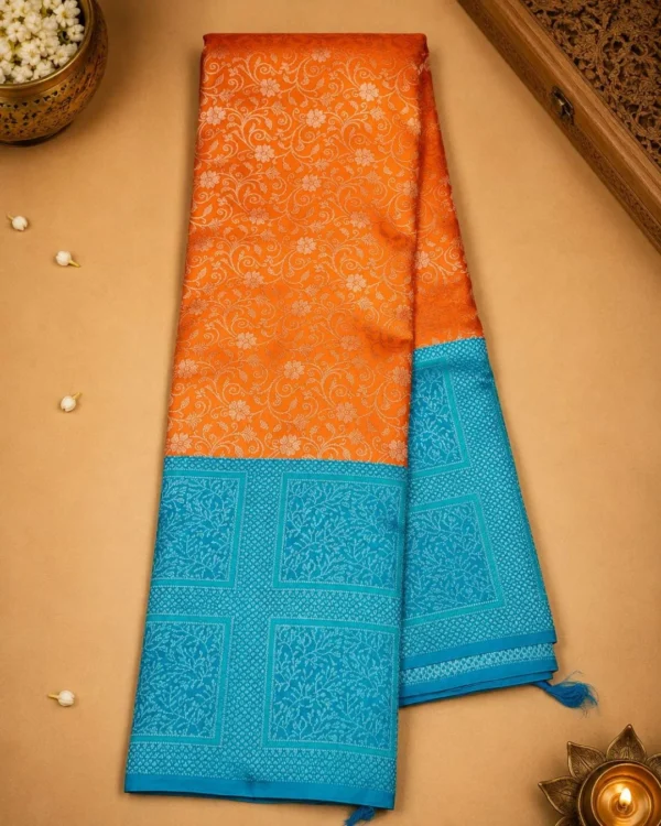 Kancheepuram Silks Sarees - Orange With Rama Blue