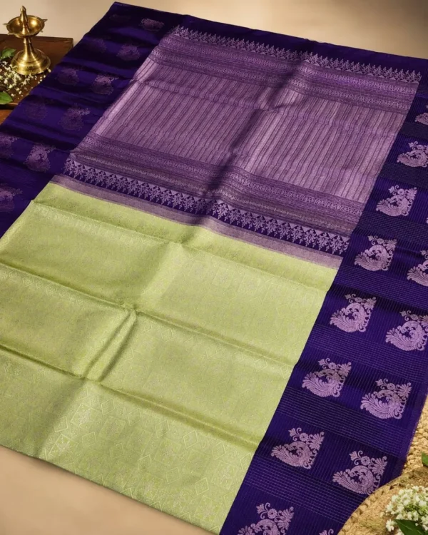 Kancheepuram Silks Sarees - Pastel Pistachio Green With Royal Violet (2) Kancheepuram Silks Sarees - Pastel Pistachio Green With Royal Violet