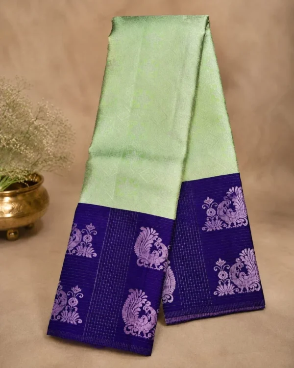 Kancheepuram Silks Sarees - Pastel Pistachio Green With Royal Violet Kancheepuram Silks Sarees - Pastel Pistachio Green With Royal Violet