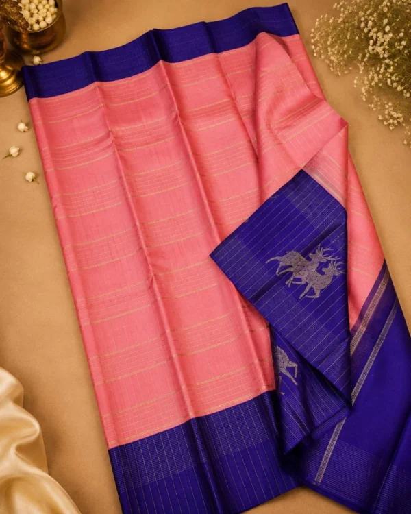 Kancheepuram Silks Sarees - Peach With Navy Blue (3) Kancheepuram Silks Sarees - Peach With Navy Blue