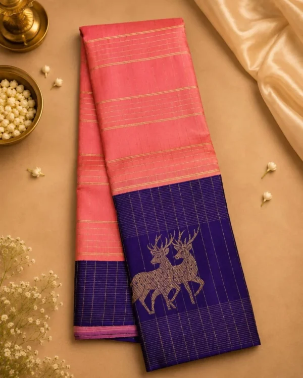 Kancheepuram Silks Sarees - Peach With Navy Blue (4) Kancheepuram Silks Sarees - Peach With Navy Blue