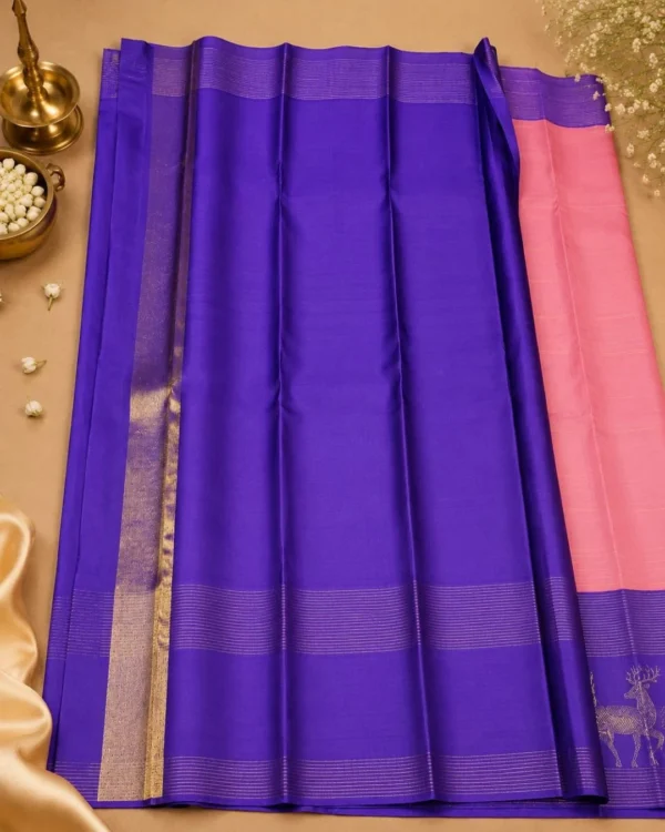 Kancheepuram Silks Sarees - Peach With Navy Blue Kancheepuram Silks Sarees - Peach With Navy Blue