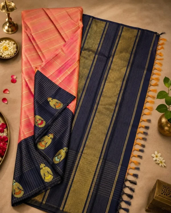 Kancheepuram Silks Sarees - Peach With Navy Blue Combo (2) Kancheepuram Silks Sarees - Peach With Navy Blue Combo