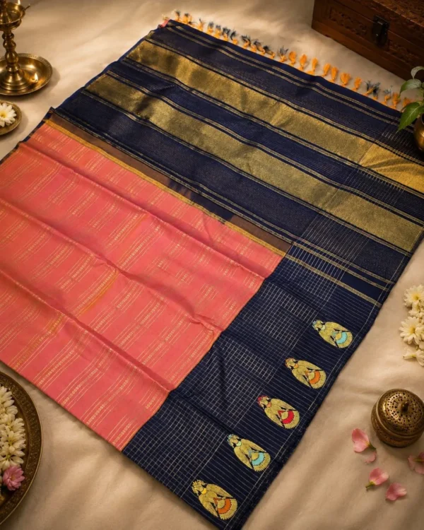 Kancheepuram Silks Sarees - Peach With Navy Blue Combo (3) Kancheepuram Silks Sarees - Peach With Navy Blue Combo