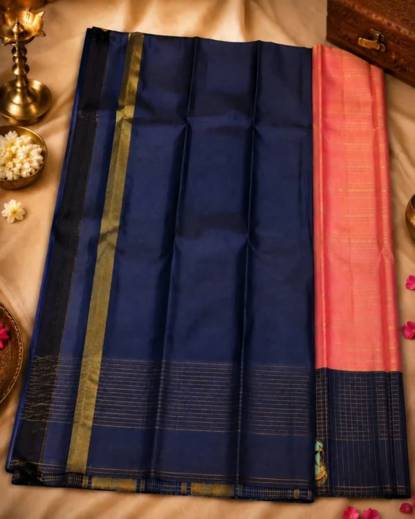Kancheepuram Silks Sarees - Peach With Navy Blue Combo (4) Kancheepuram Silks Sarees - Peach With Navy Blue Combo