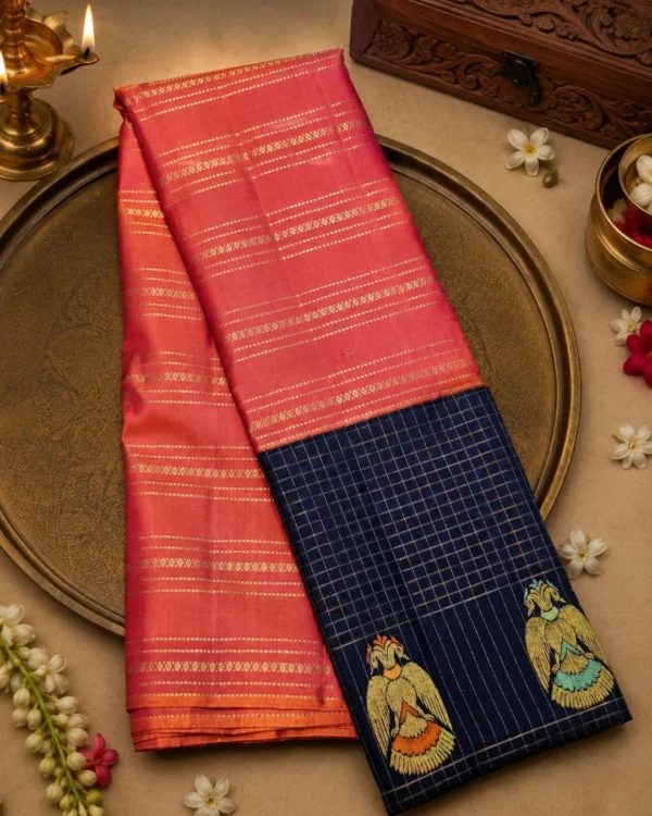 Kancheepuram Silks Sarees - Peach With Navy Blue Combo Kancheepuram Silks Sarees - Peach With Navy Blue Combo