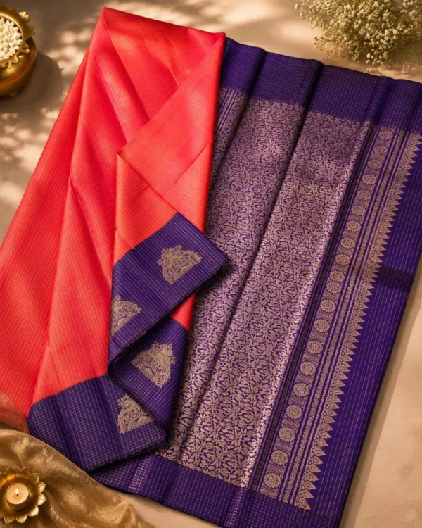 Kancheepuram Silks Sarees - Peach With Purple (2) Kancheepuram Silks Sarees - Peach With Purple