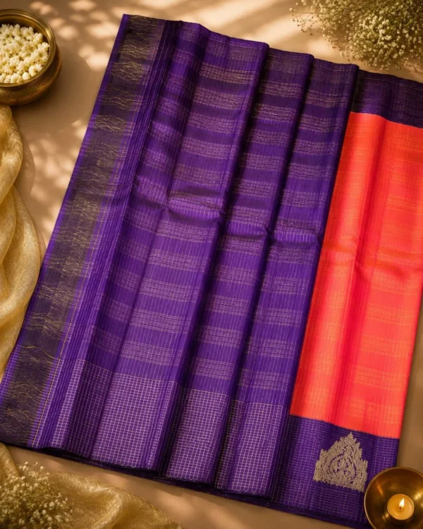 Kancheepuram Silks Sarees - Peach With Purple Kancheepuram Silks Sarees - Peach With Purple