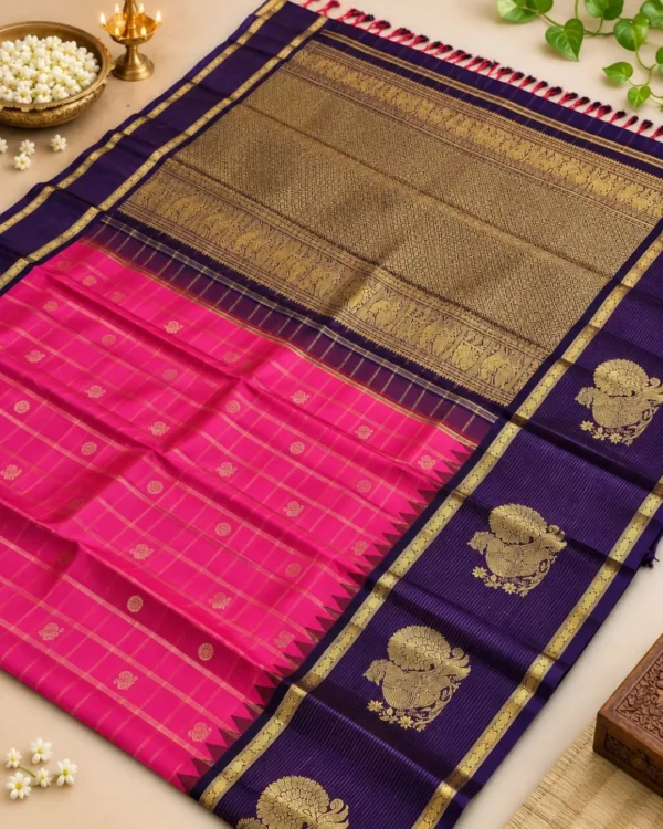 Kancheepuram Silks Sarees - Tomato Pink With Violet (3) Kancheepuram Silks Sarees - Tomato Pink With Violet