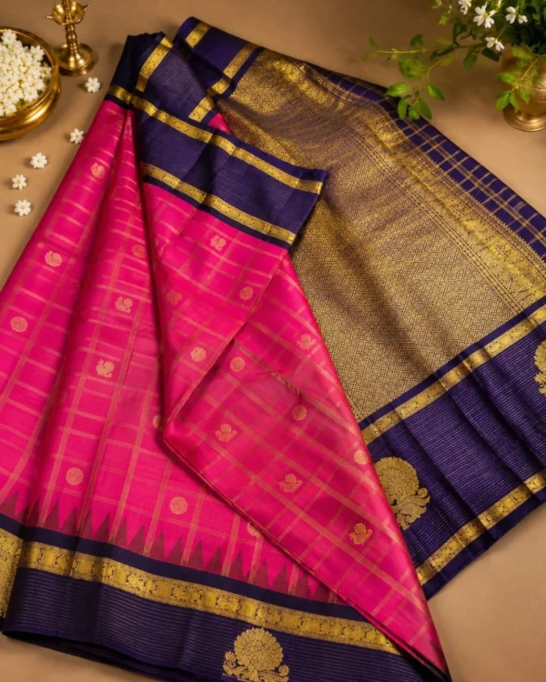 Kancheepuram Silks Sarees - Tomato Pink With Violet (4) Kancheepuram Silks Sarees - Tomato Pink With Violet
