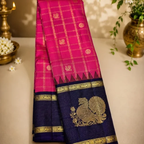 Kancheepuram Silks Sarees - Tomato Pink With Violet