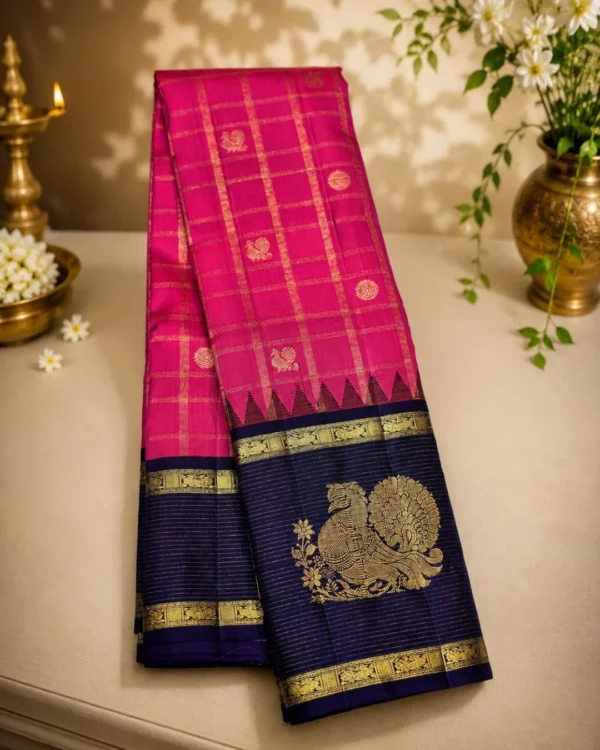 Kancheepuram Silks Sarees - Tomato Pink With Violet Kancheepuram Silks Sarees - Tomato Pink With Violet
