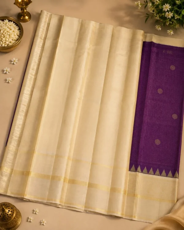 Kancheepuram Silks Sarees - Violet With Cream Korvai Border (2) Kancheepuram Silks Sarees - Violet With Cream Korvai Border