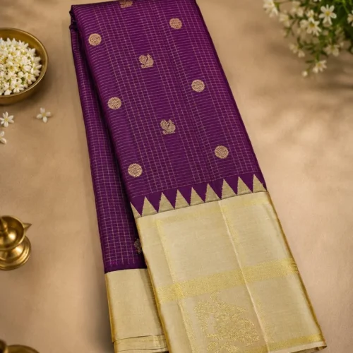 Kancheepuram Silks Sarees - Violet With Cream Korvai Border