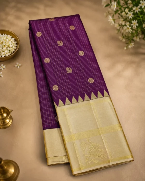 Kancheepuram Silks Sarees - Violet With Cream Korvai Border Kancheepuram Silks Sarees - Violet With Cream Korvai Border