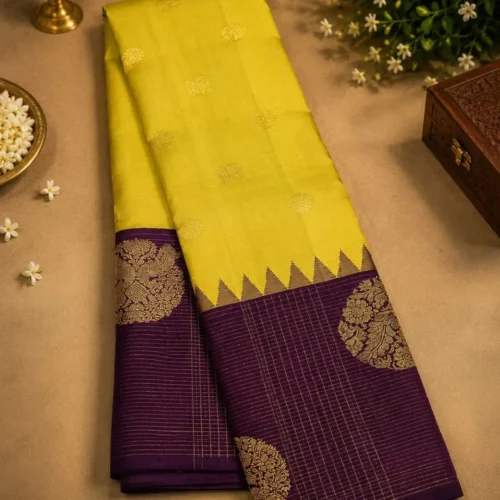 Kancheepuram Silks Sarees - Yellow With Coffee Brown