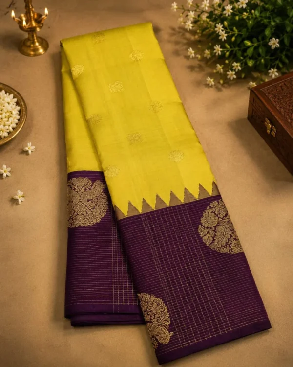 Kancheepuram Silks Sarees - Yellow With Coffee Brown