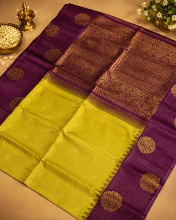 Kancheepuram Silks Sarees - Yellow With Coffee Brown
