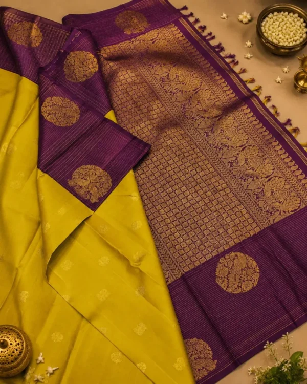 Kancheepuram Silks Sarees - Yellow With Coffee Brown