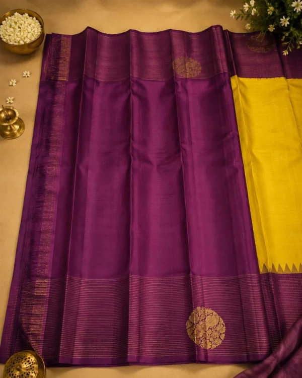 Kancheepuram Silks Sarees - Yellow With Coffee Brown