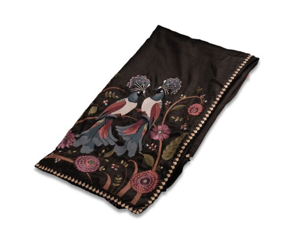 Black Tussar Silk Saree with Multicolour Peacock & Floral Embroidery