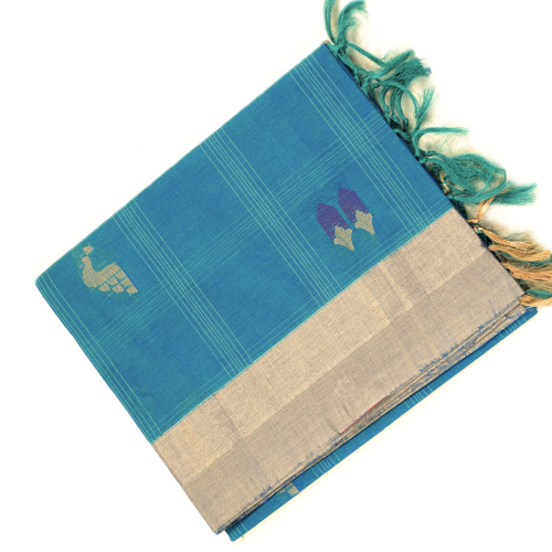 PURE COTTON SAREES - Teal Blue with Silver Grey