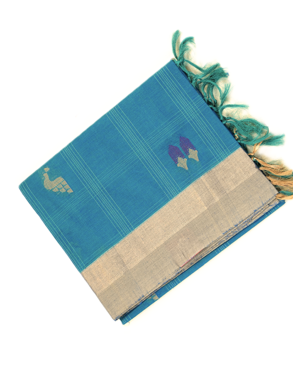PURE COTTON SAREES - Teal Blue with Silver Grey