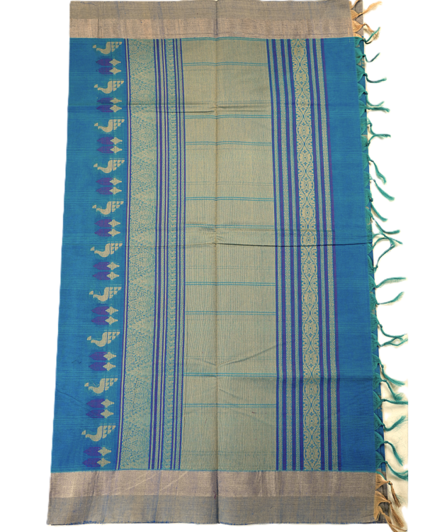 PURE COTTON SAREES - Teal Blue with Silver Grey